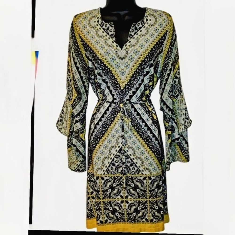 INC Macadamia paisley dress with dramatic sheer Slevees SZ4 90s Y2k